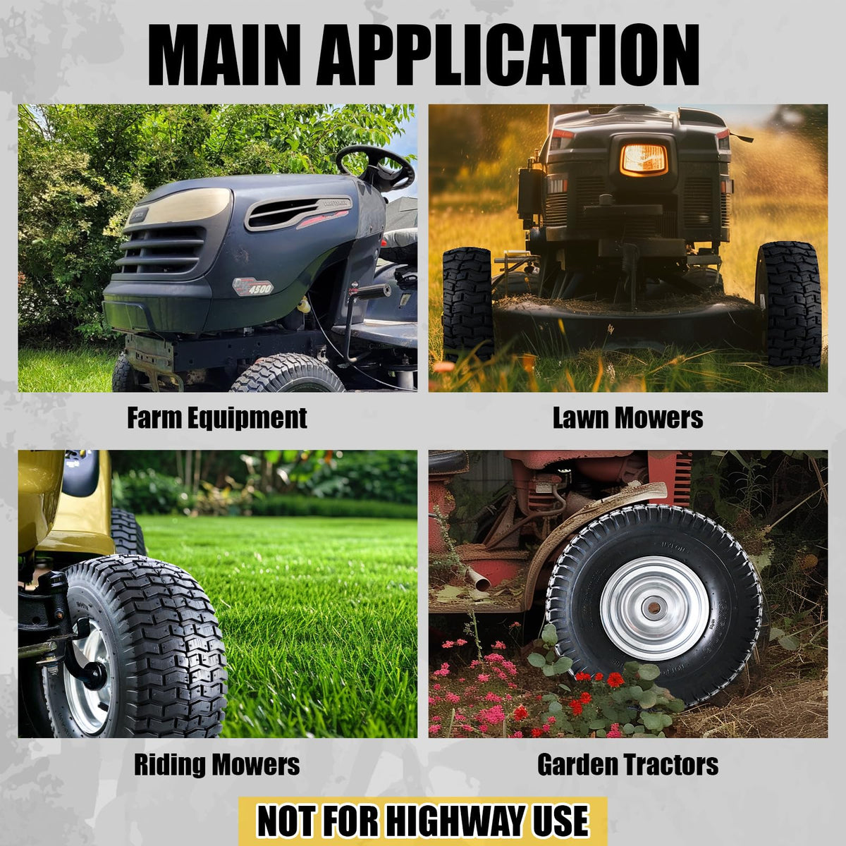 MZREXN 4-ply tire with 570 lb dynamic load capacity for yard tasks.