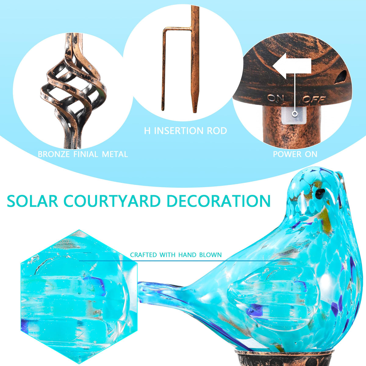Naboher hand-blown glass bird sculpture stake adds artisanal charm to gardens