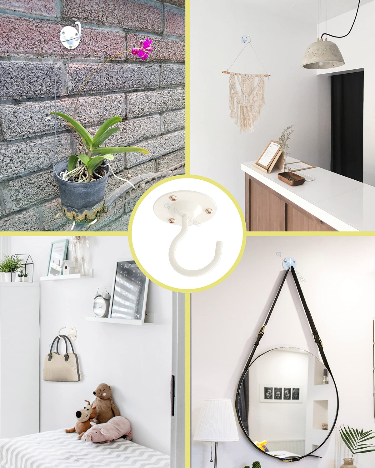 NACETURE ceiling hooks support up to 50 lbs when anchored properly.