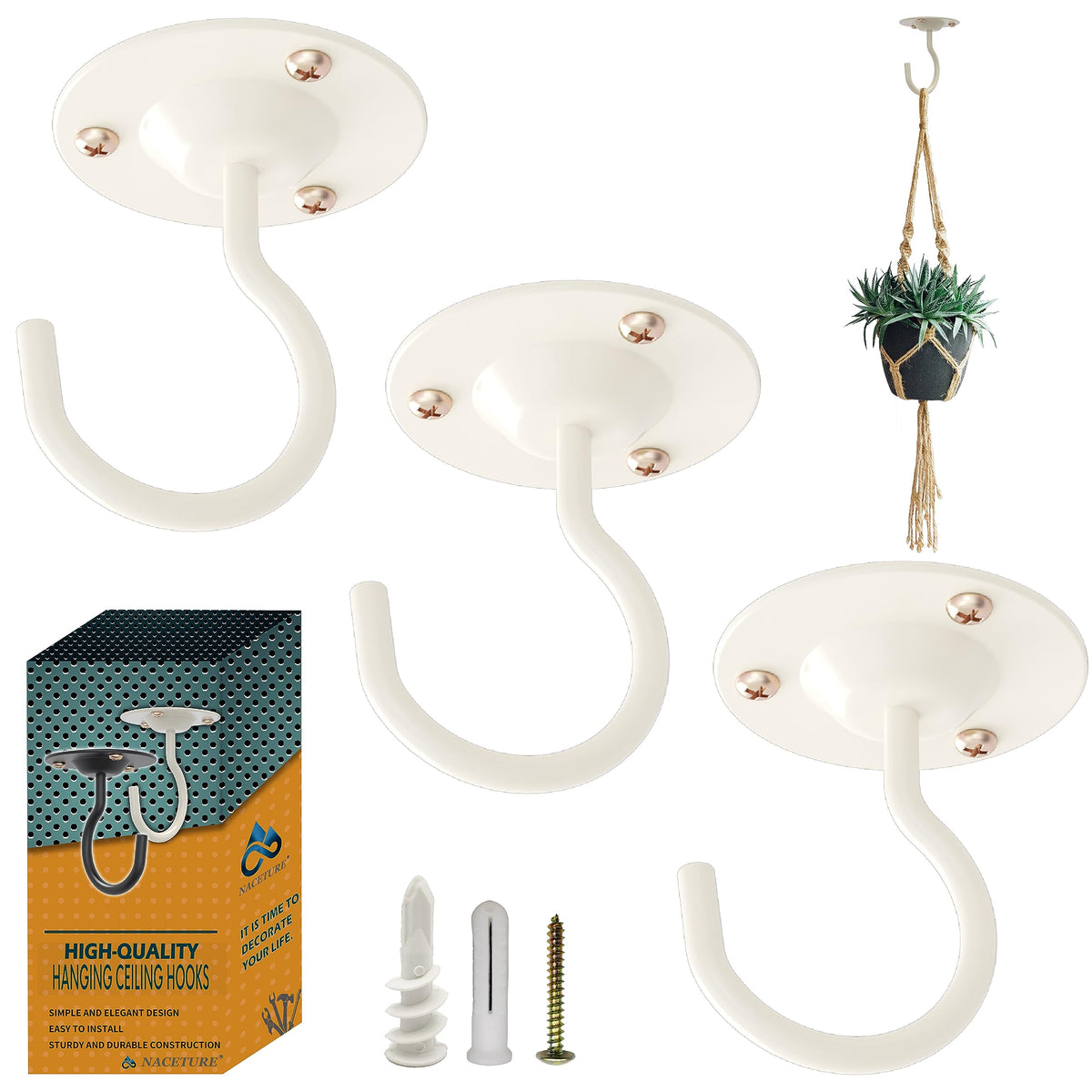 NACETURE ceiling hooks plant hanger 3-pack, ideal for indoor displays.