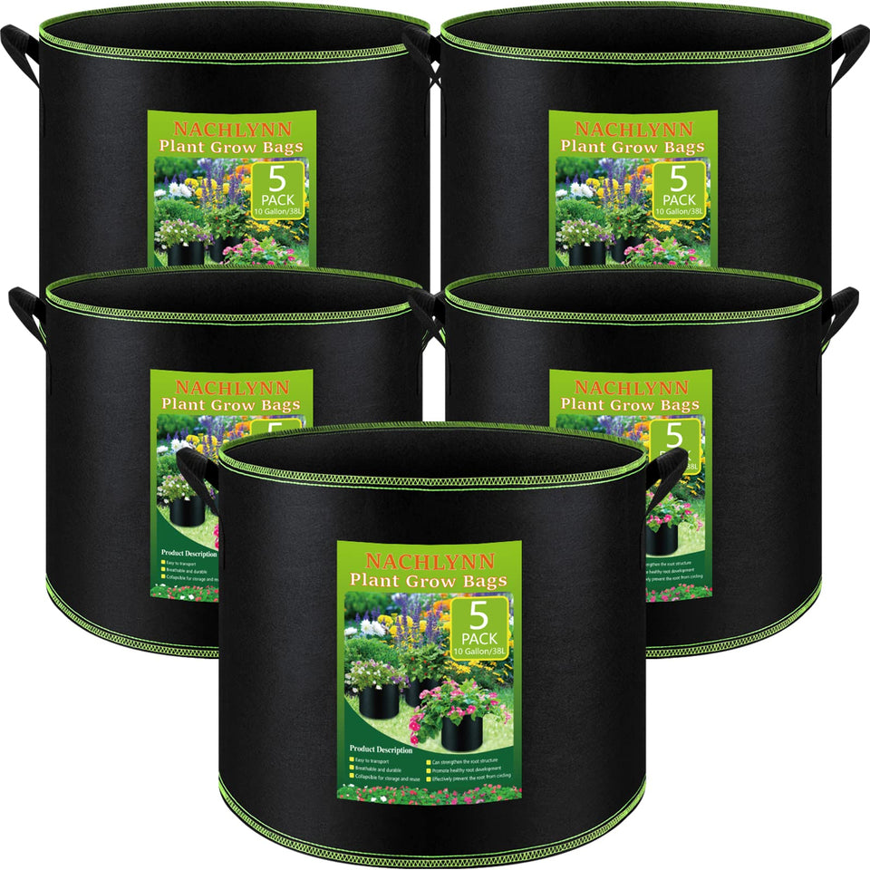 NACHLYNN 5-pack 10-gallon grow bags with handles for easy transport and breathable roots.