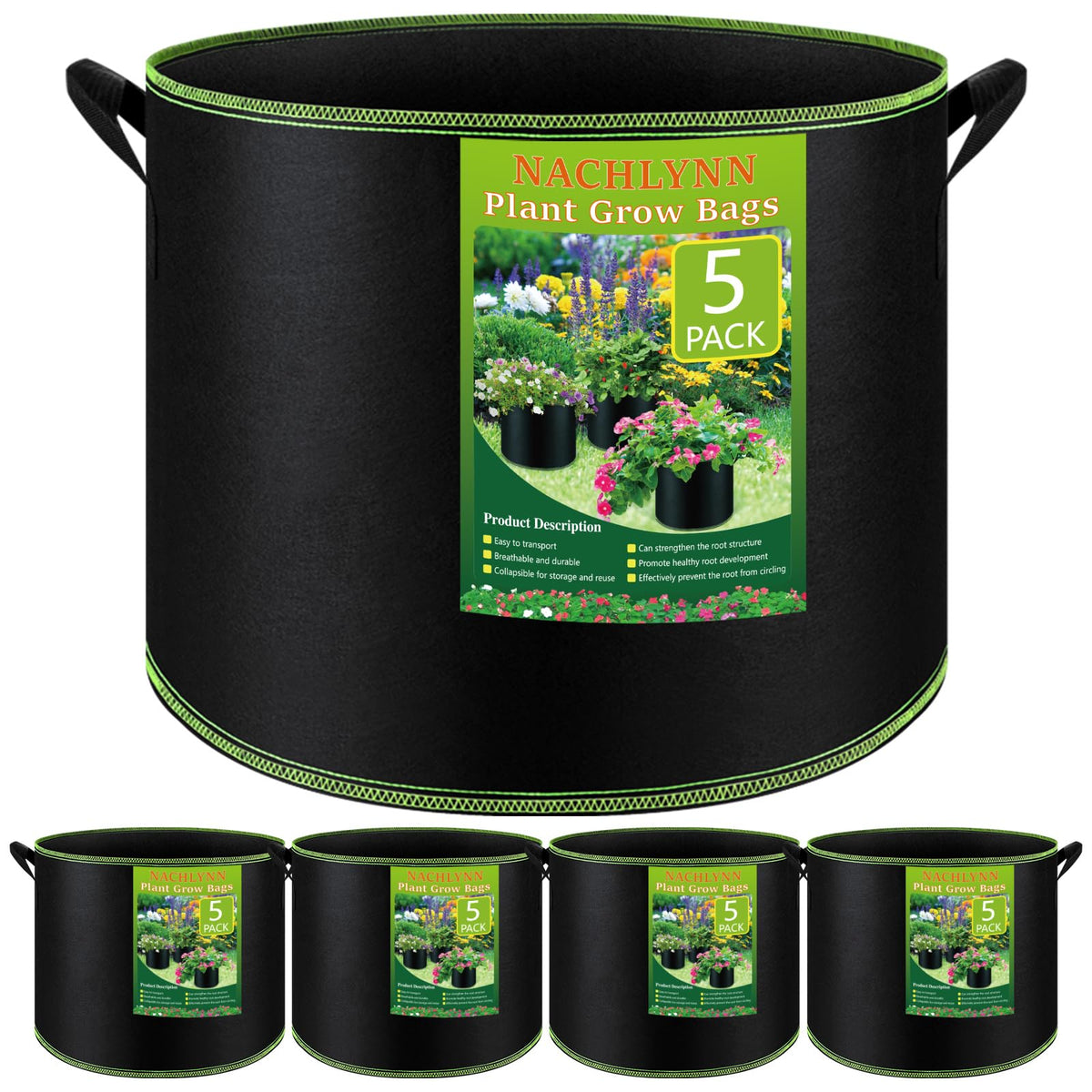 NACHLYNN 5-pack 7-gallon grow bags with reinforced side handles for easy transport.