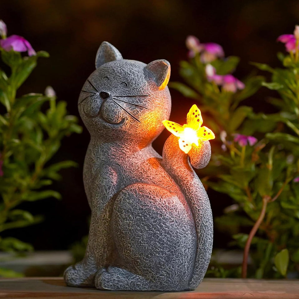 Nacome cat outdoor statue with butterfly motif enhances garden lighting and ambiance