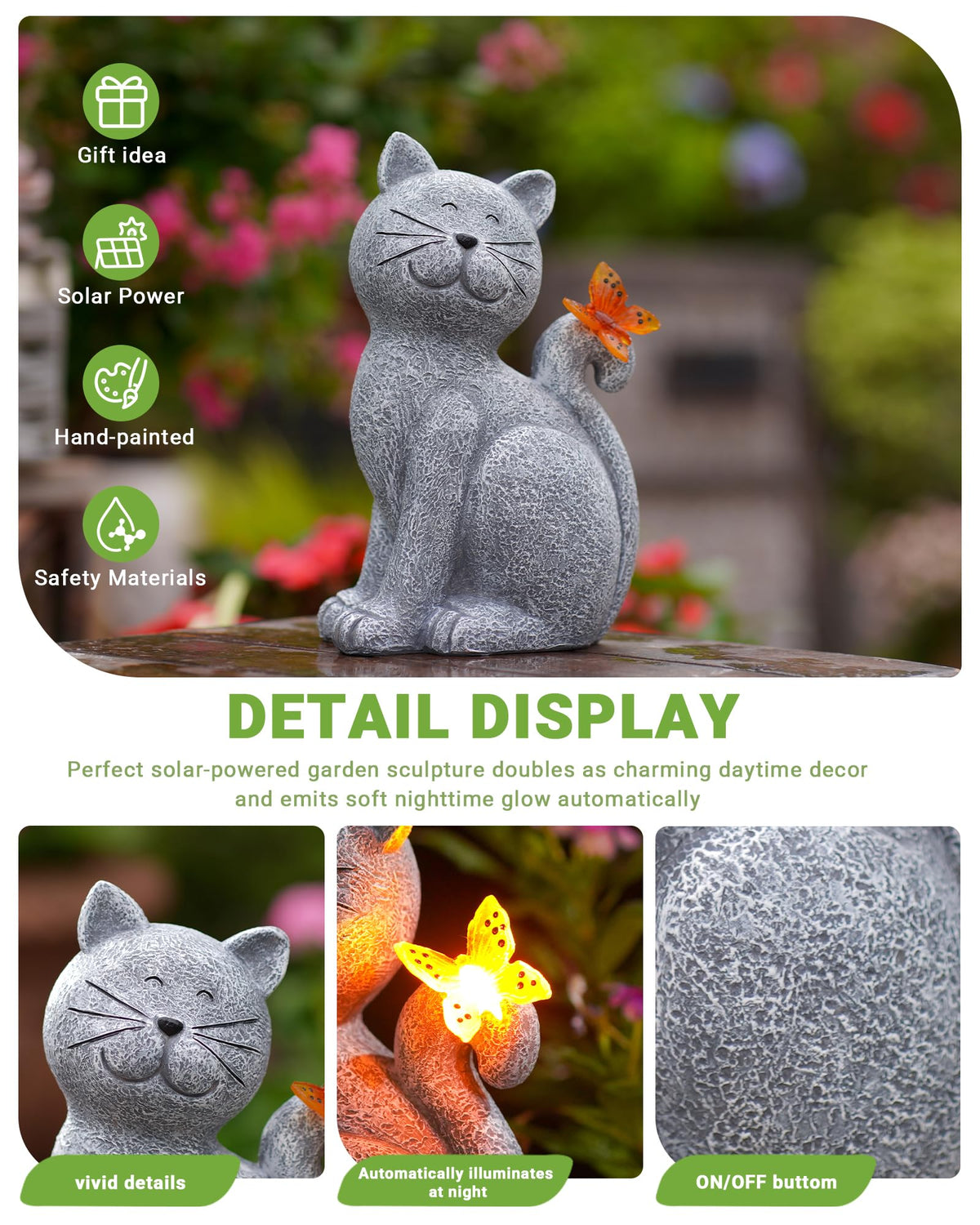 Nacome cat sculpture on patio delivers warm evening illumination