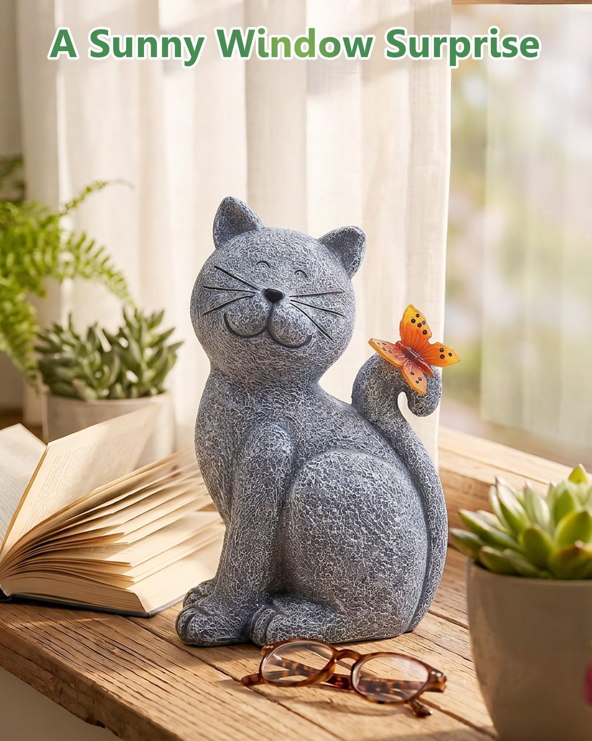 Nacome cat statue with butterfly motif comes in a gift-ready box
