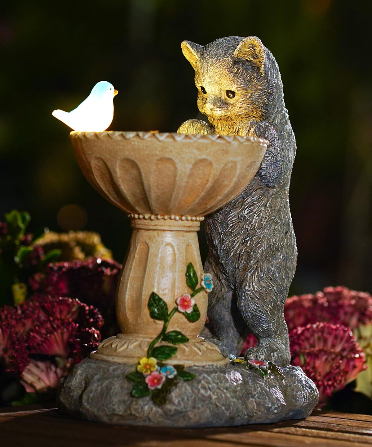 Nacome Solar Cat Statue in garden showcases weatherproof decor for outdoors.