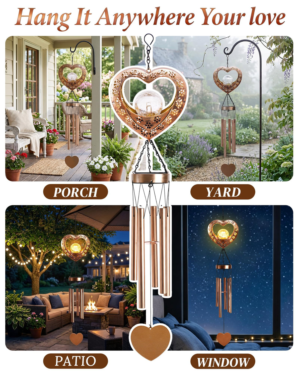 Nacome Solar Heart Wind Chimes are designed for porches, gardens, and balconies.