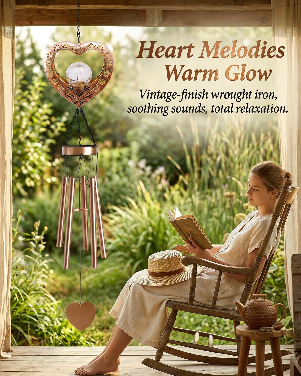 Nacome Solar Heart Wind Chimes with LED glow create calming evenings on the patio.