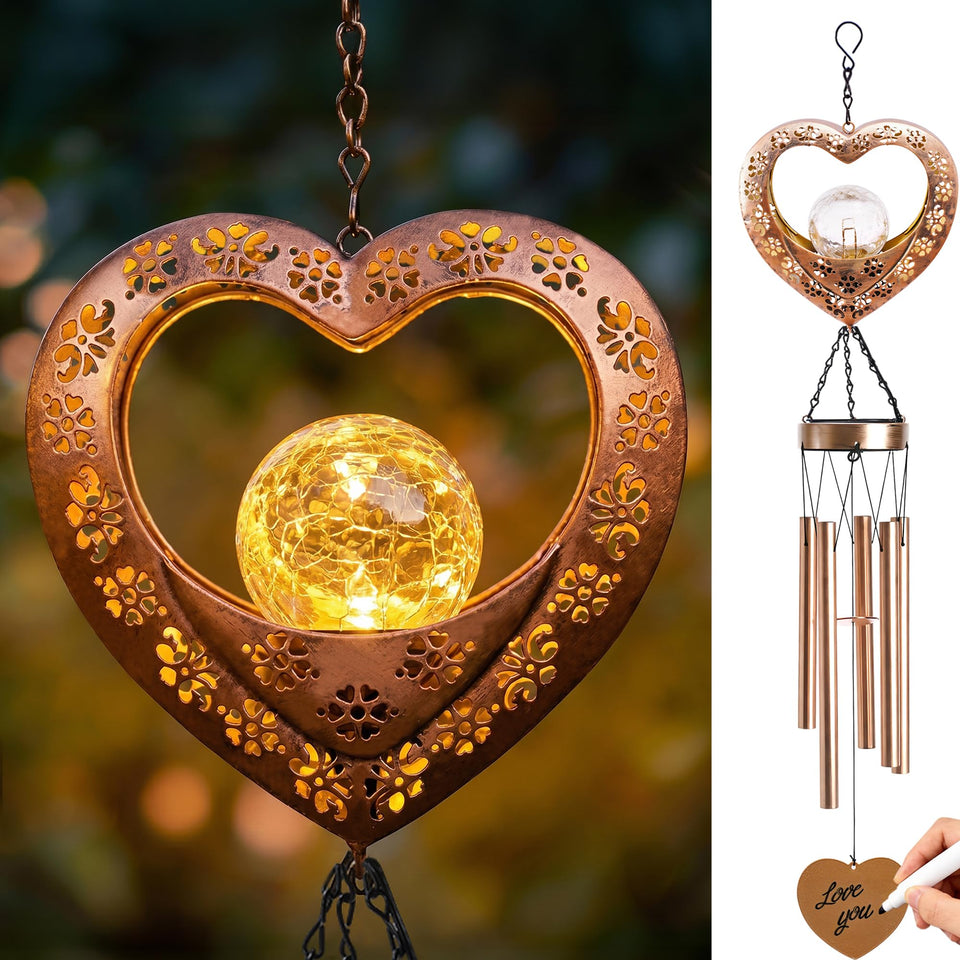 Nacome Solar Heart Wind Chimes show outdoor durability for year-round use.