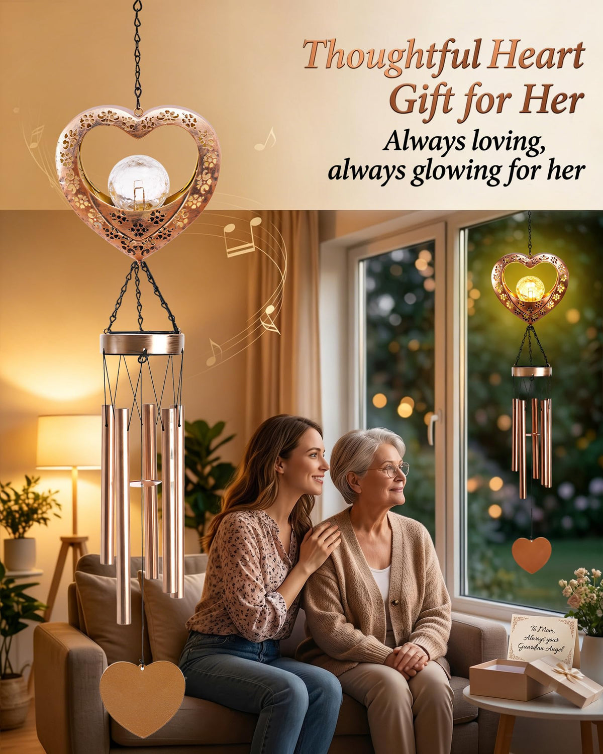 Nacome Solar Heart Wind Chimes resist sun and rain thanks to rust-proof coating.