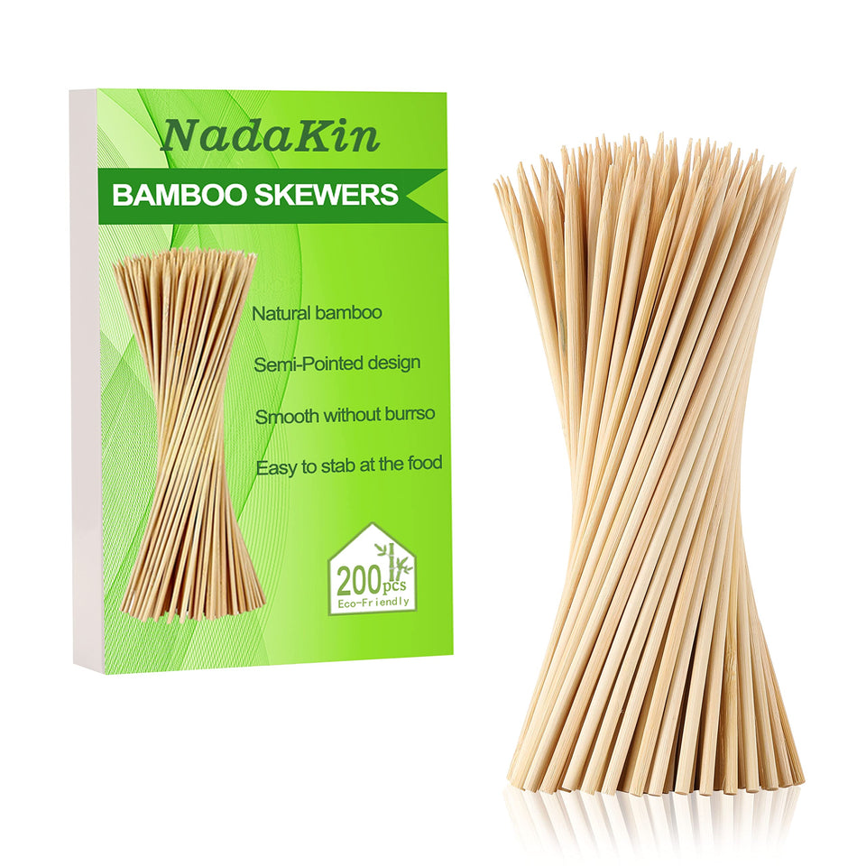 NadaKin 12-inch bamboo skewers for grilling, sturdy natural wood designed for easy threading and even cooking.