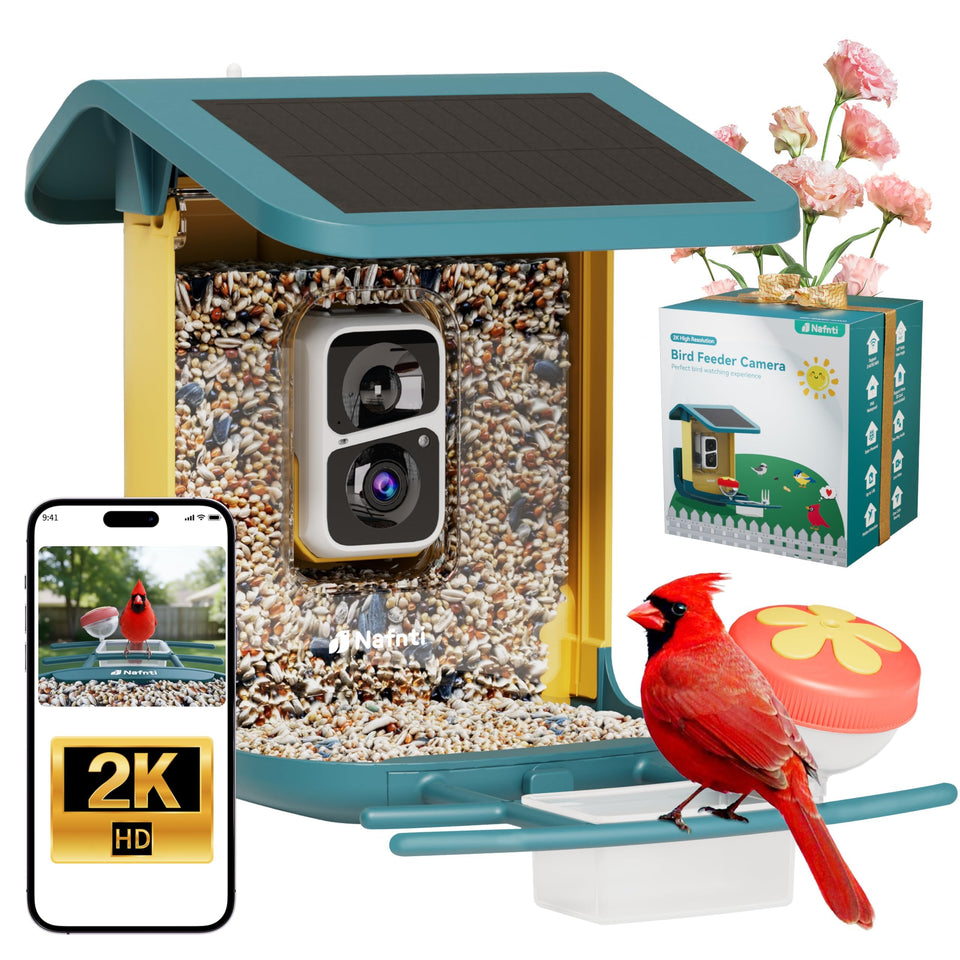 Nafnti Bird Feeder with Camera front view captures clear backyard visits in 2K.