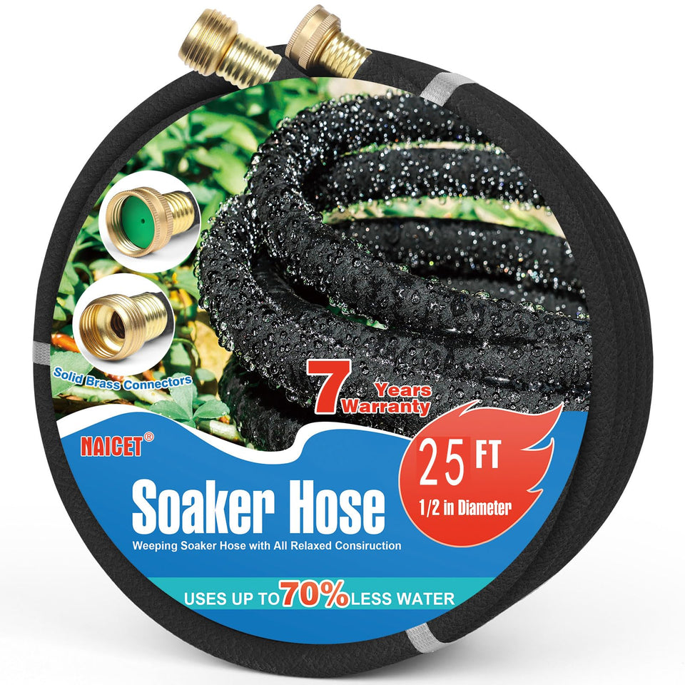 Naicet soaker hose 25ft rubber delivers even irrigation along beds.