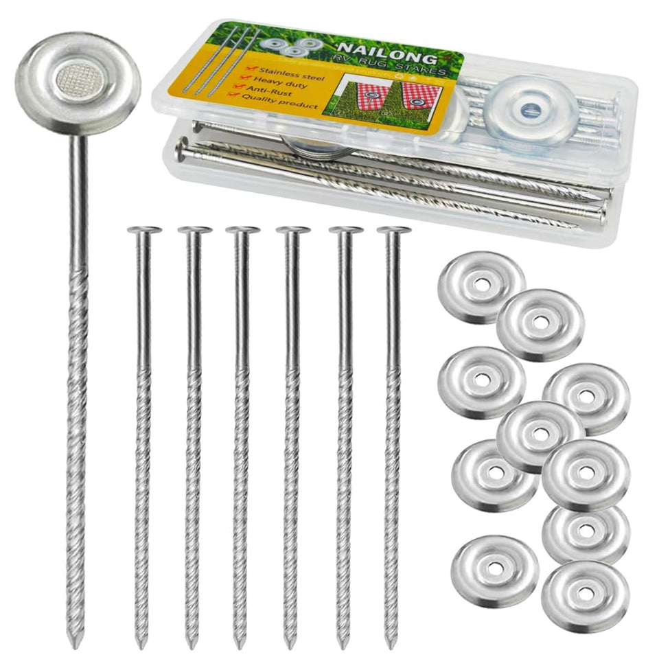 NAILONG spiral stainless steel RV stake secures outdoor rugs in windy conditions.