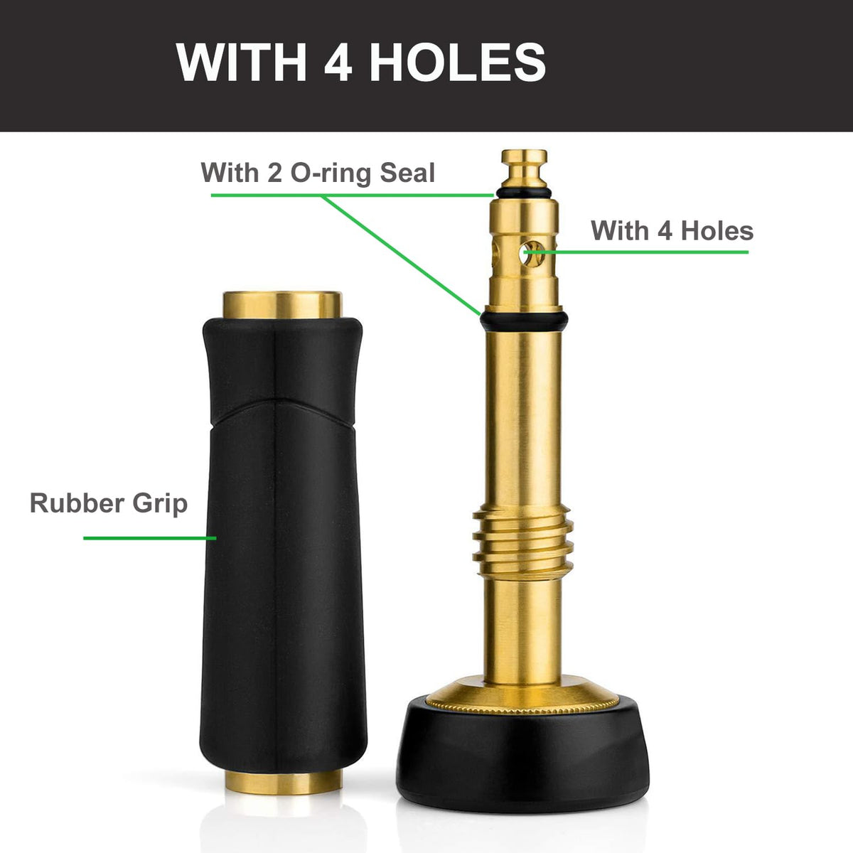 Nakcase nozzle shows heavy-duty brass construction for lasting outdoor use.