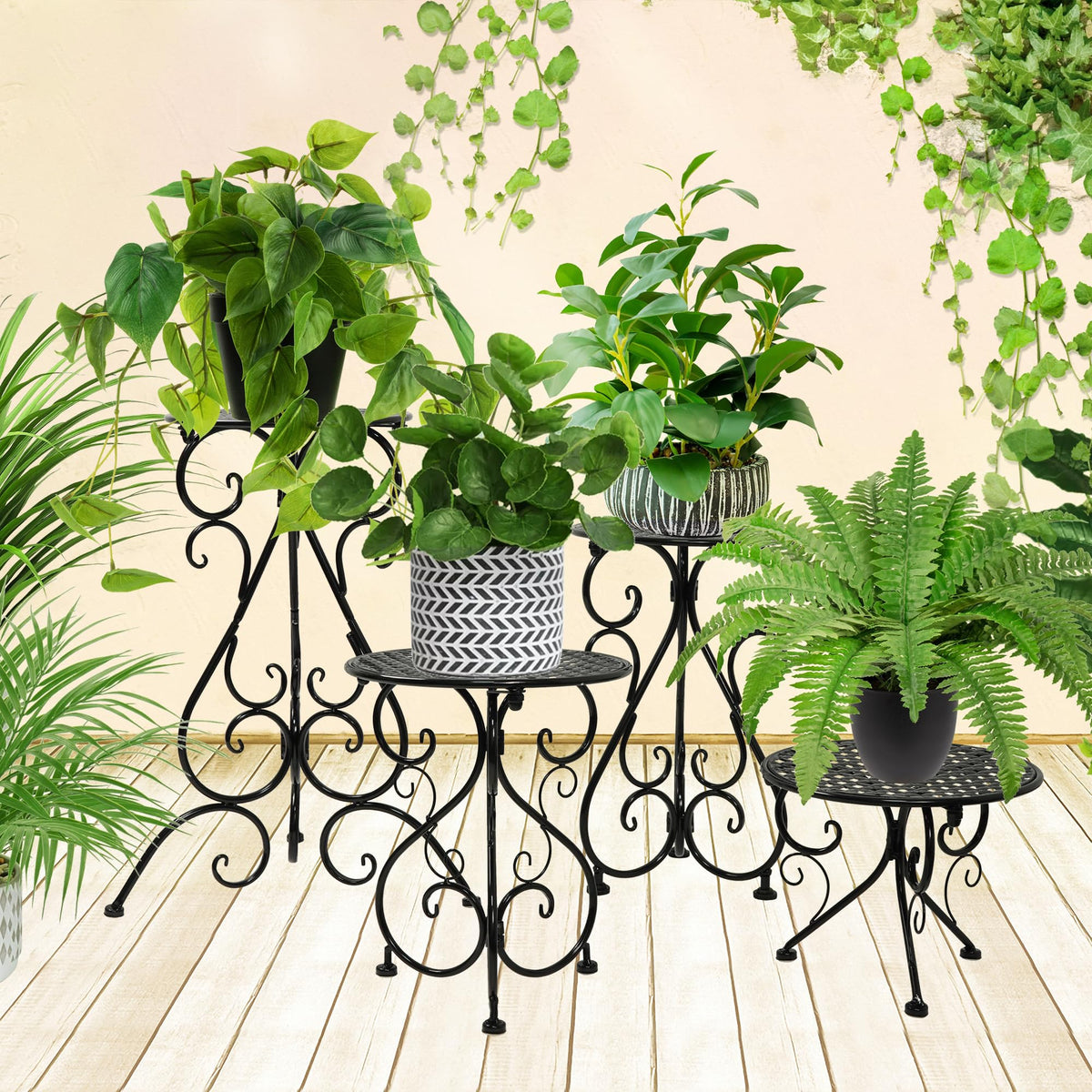 NAKUPE black metal plant stands pack for sturdy, adaptable organization.