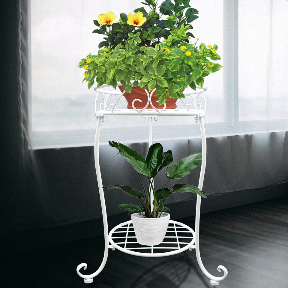 NAKUPE white metal plant stand with two tiers for indoor or patio decor