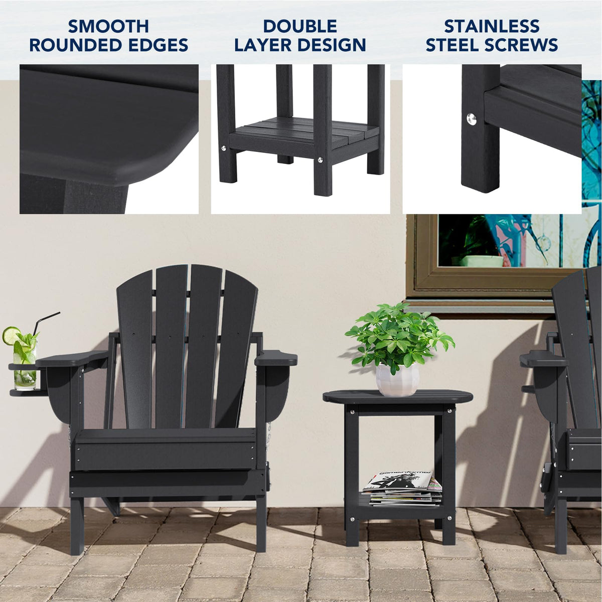 Nalone Adirondack side table weather-resistant HDPE protects outdoors year-round.