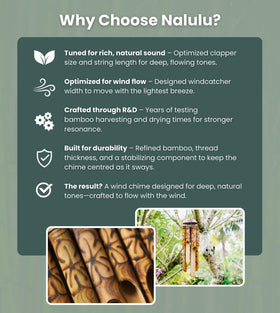 Nalulu reinforced bamboo wind chime stands up to breezes in outdoor areas.