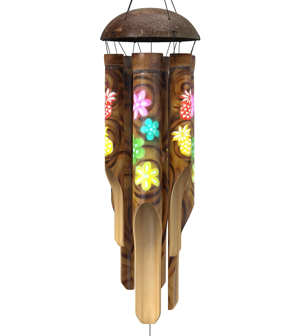Nalulu Piney Bamboo Wind Chimes with coconut crown add tropical outdoor charm.