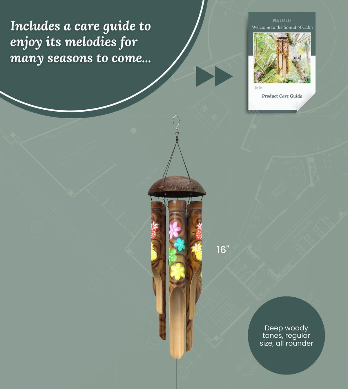 Nalulu Piney chimes on garden porch create calming ambience at dusk.
