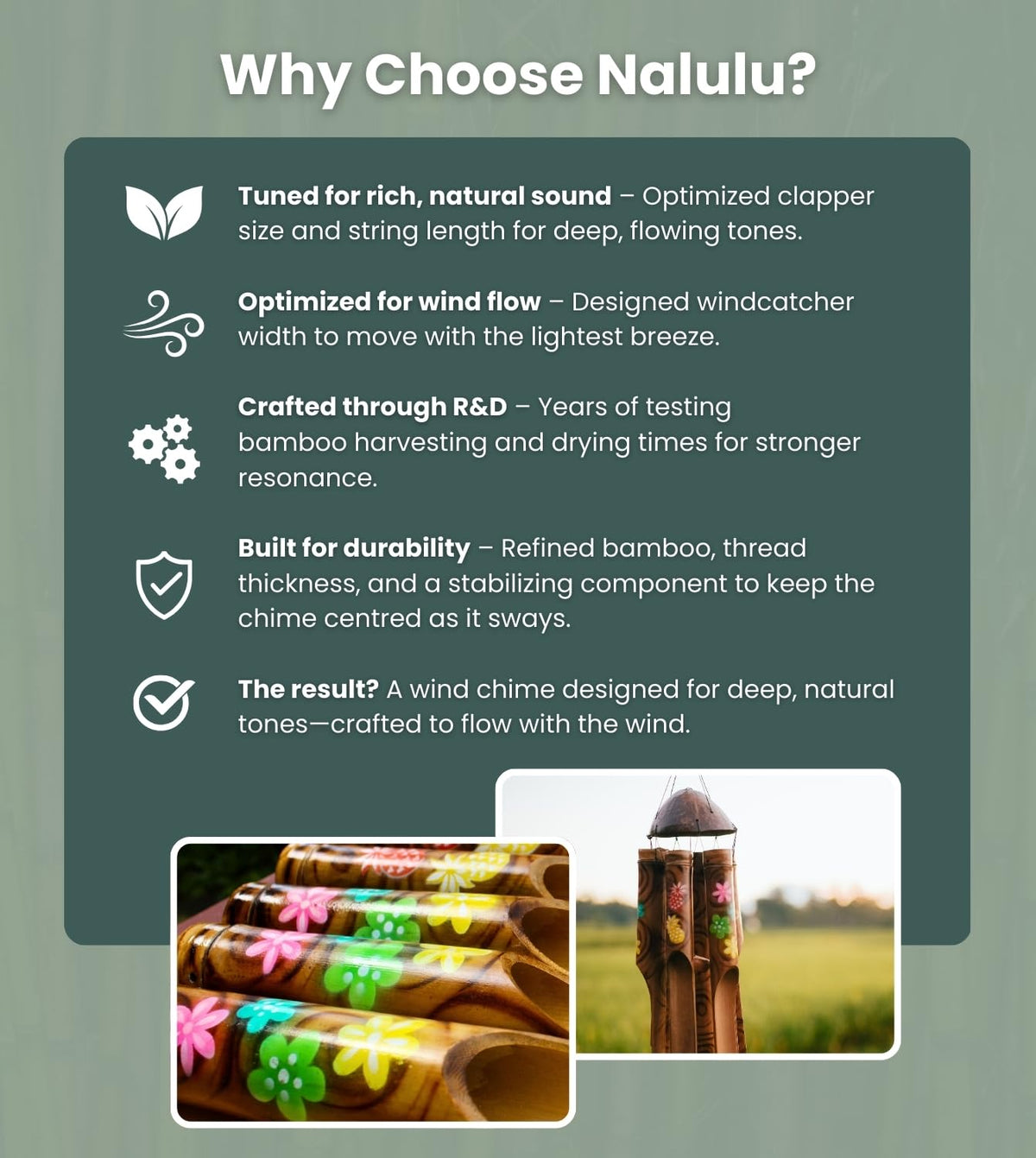 Nalulu Piney wind chimes stay balanced in breeze with a sturdy hanging setup.