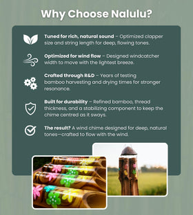 Nalulu Piney wind chimes stay balanced in breeze with a sturdy hanging setup.