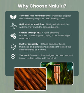 Nalulu classic wind chime with reinforced bamboo stays balanced in breezes.