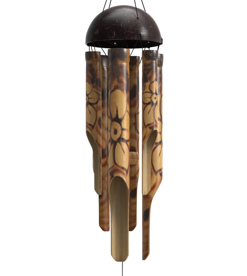 Nalulu rustic bamboo wind chime close-up shows handcrafted texture for calming garden ambiance.