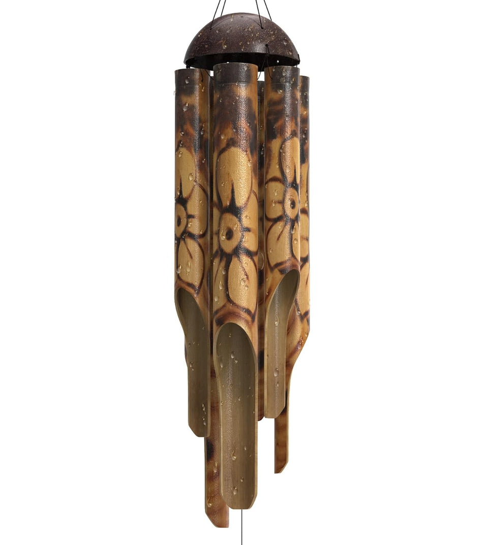 Nalulu Rustic Bamboo Wind Chime with Coconut Crown enhances outdoor ambiance and calm tones.