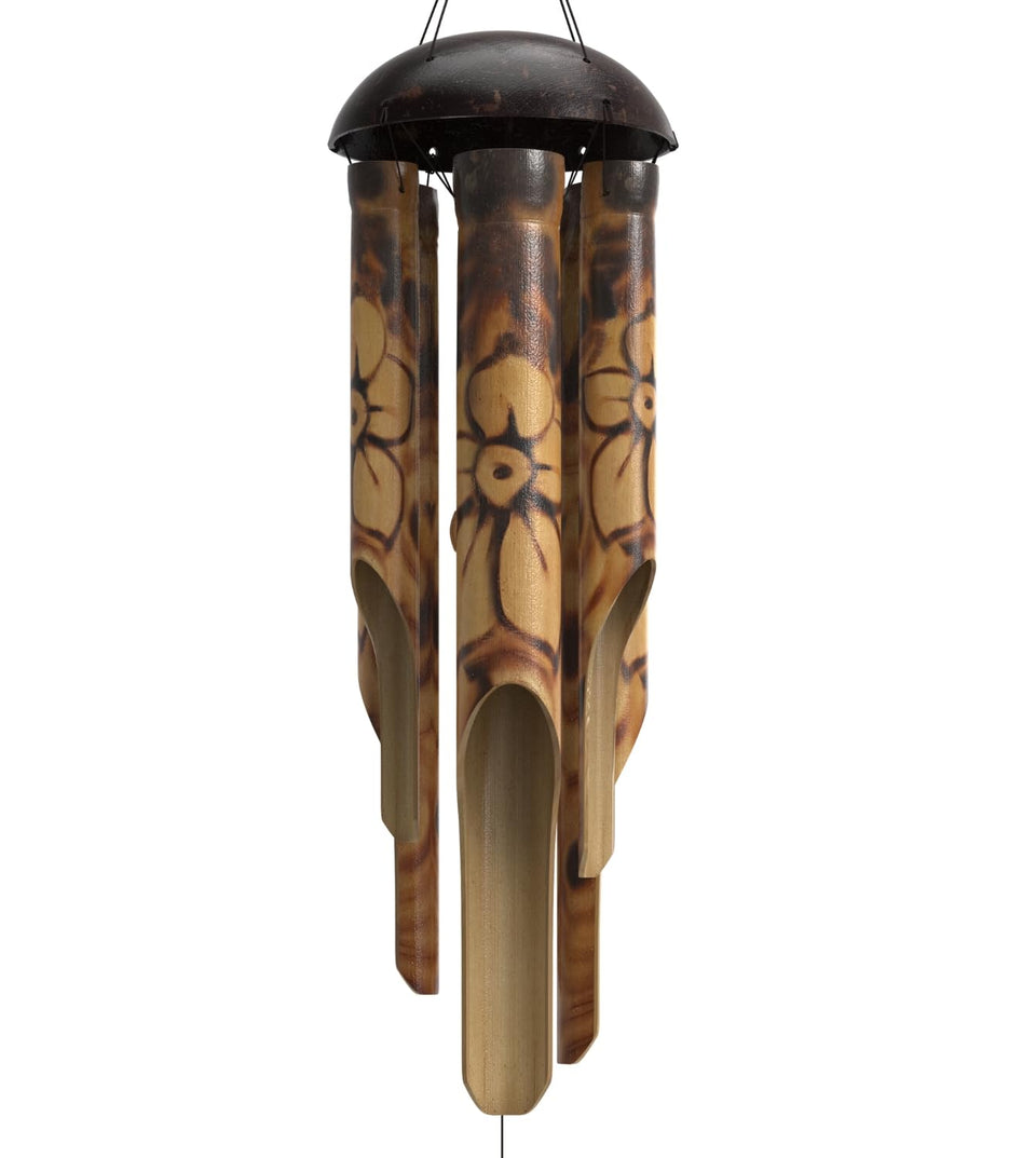 Nalulu rustic bamboo wind chimes with coconut crown for outdoor spaces and calming tones