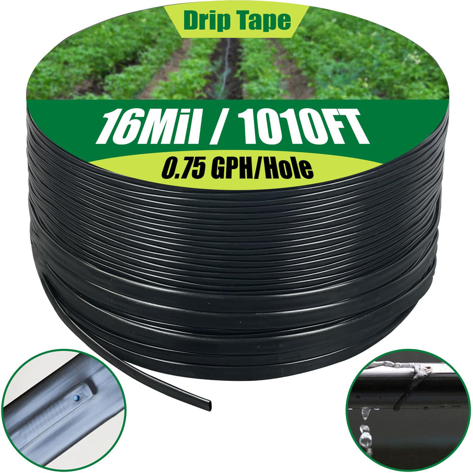 Nalwort drip tape 1010ft roll showing precise watering for flowers and vegetables.