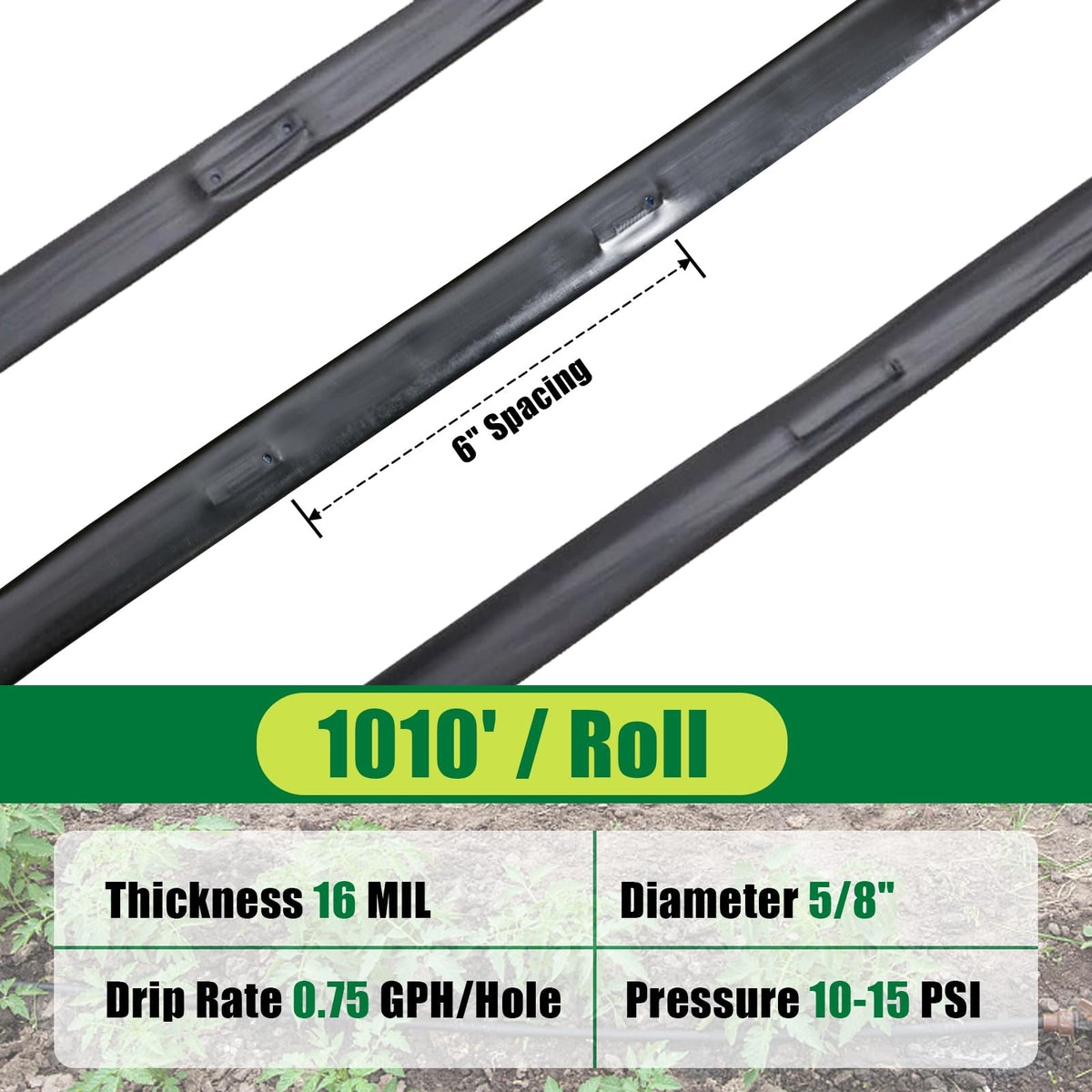 Nalwort drip tape with 6in spacing for even distribution across beds.