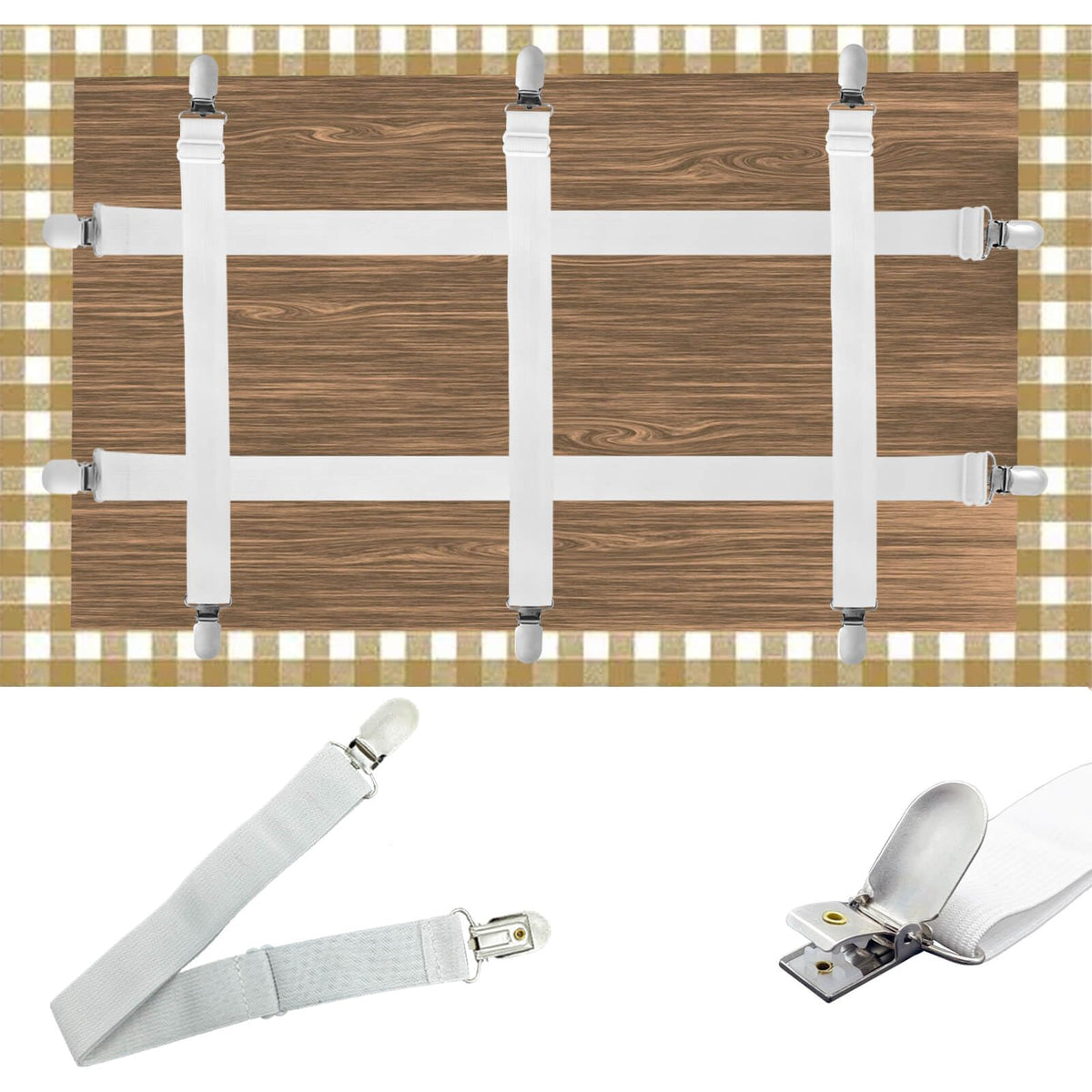 Namubarwa hidden strap clips closeup showing discreet securing action for a tidy tablecloth