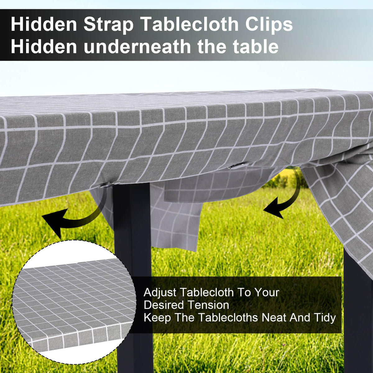 Namubarwa Hidden Strap Tablecloth Clips stabilizing a cloth on outdoor dining setup