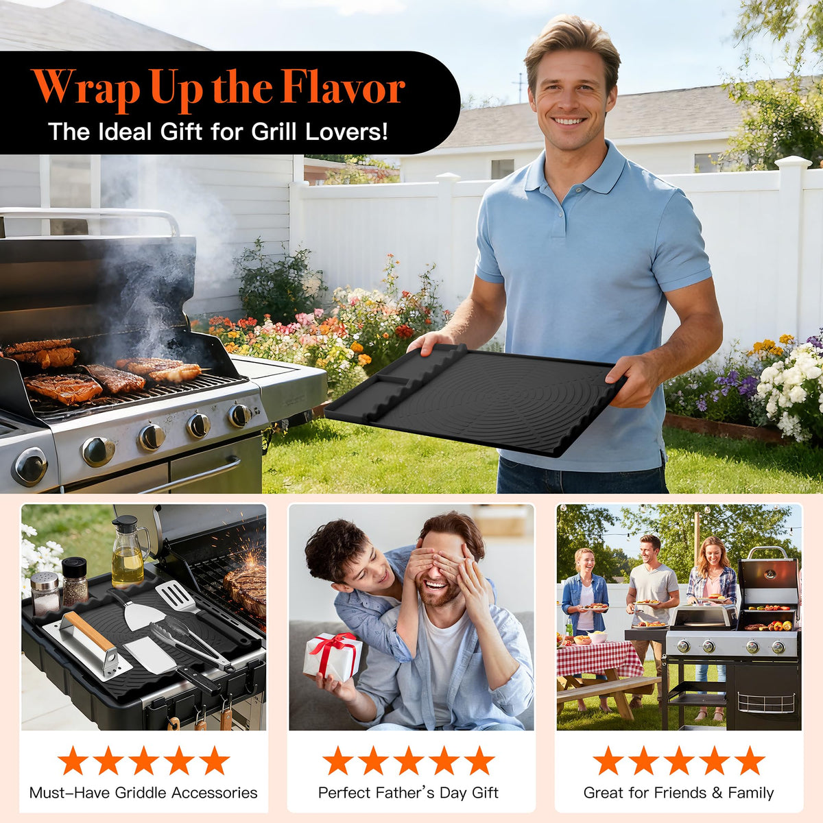 Dishwasher-safe mat simplifies cleanup after grilling.