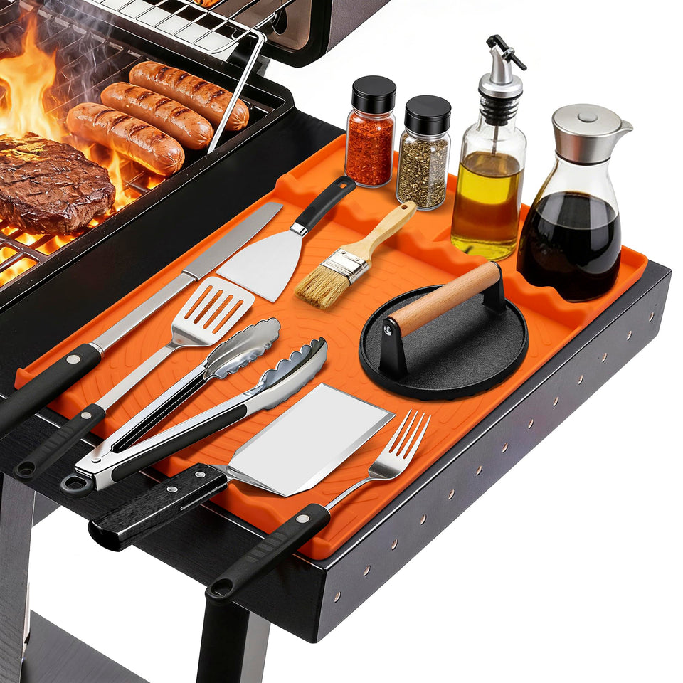 NancyL silicone grill mat for Blackstone side mat orange keeps tools organized on the counter.
