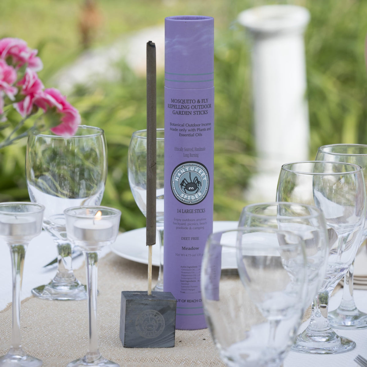 Nantucket Spider mosquito sticks with meadow scent lit for outdoor relaxing moments