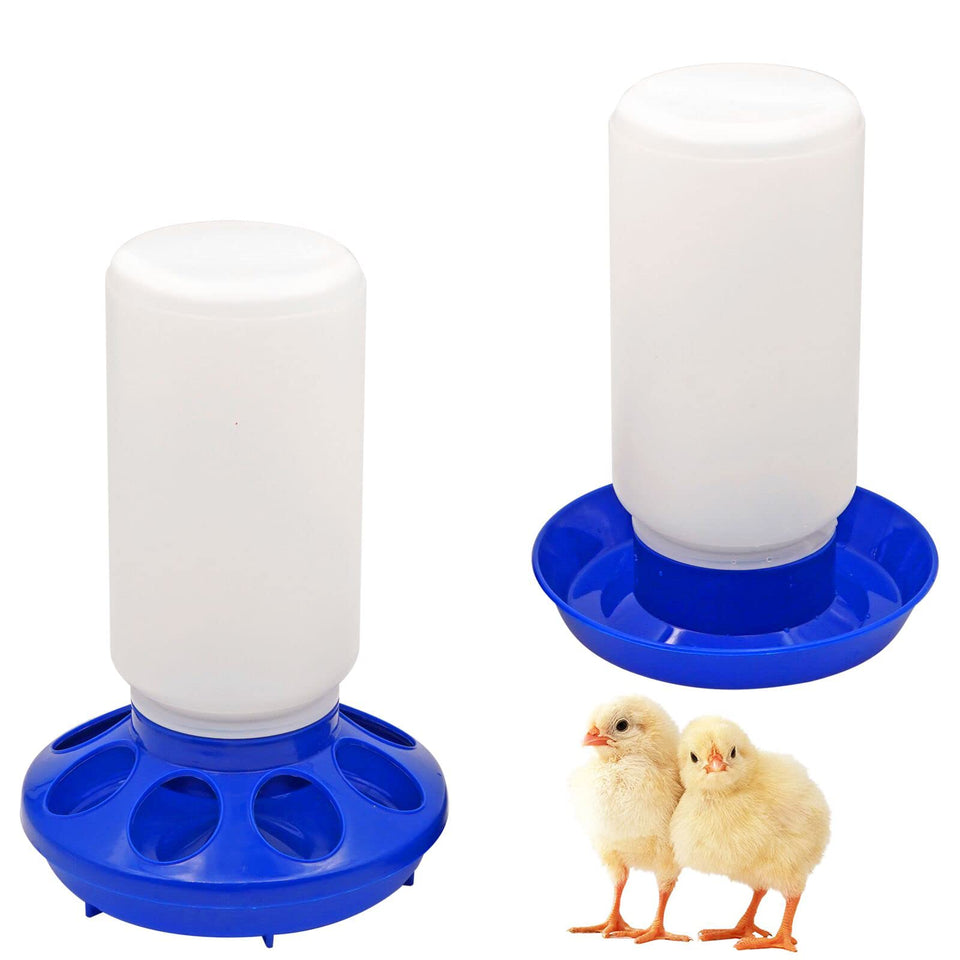 NAOEDEAH chicken feeder waterer kit in blue reduces waste in the coop.