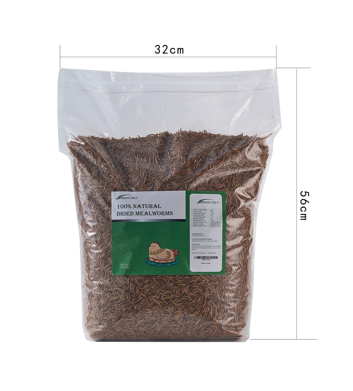 NAOUTHLY mealworms ingredient label emphasizes non-GMO, natural feed