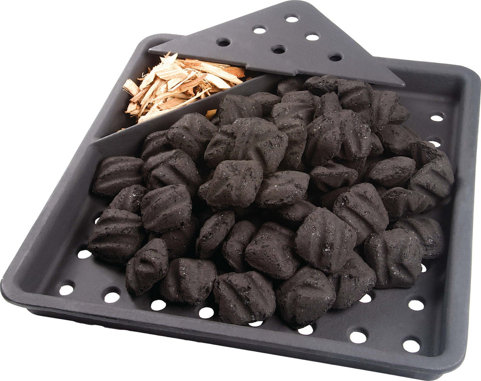 Napoleon cast iron charcoal tray installed for charcoal grilling flexibility on a gas grill.