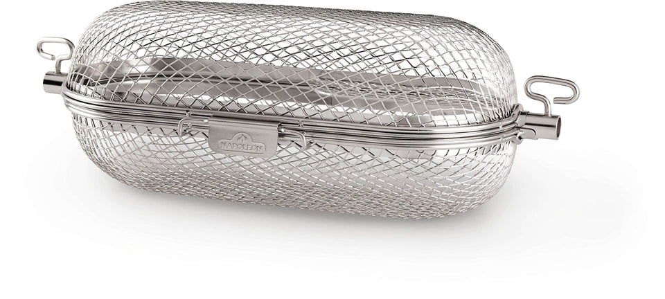 Napoleon rotisserie basket in stainless steel close-up highlighting durable construction