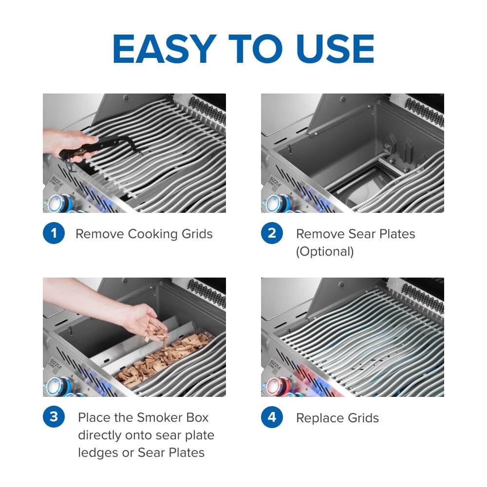 Napoleon smoker box positioned over burner produces consistent smoke during cooking.
