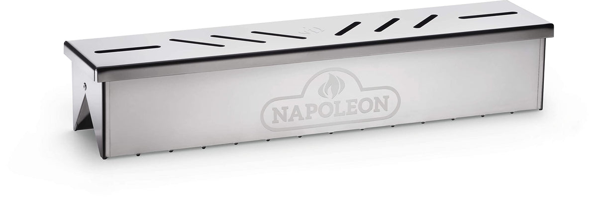 Napoleon smoker box stainless steel on grill adds smoky flavor to barbecue dishes.