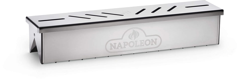 Napoleon smoker box stainless steel on grill adds smoky flavor to barbecue dishes.