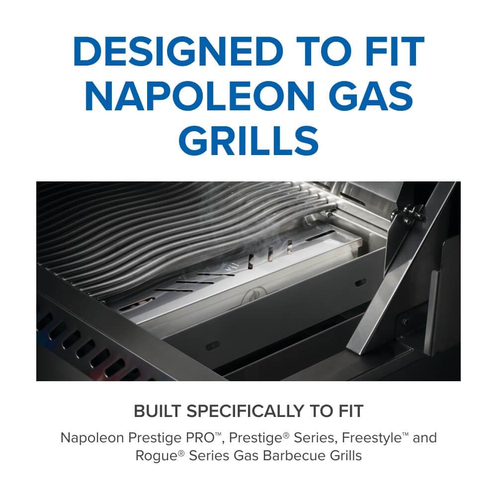 Napoleon smoker box with wood chips creates aromatic smoke for meats.