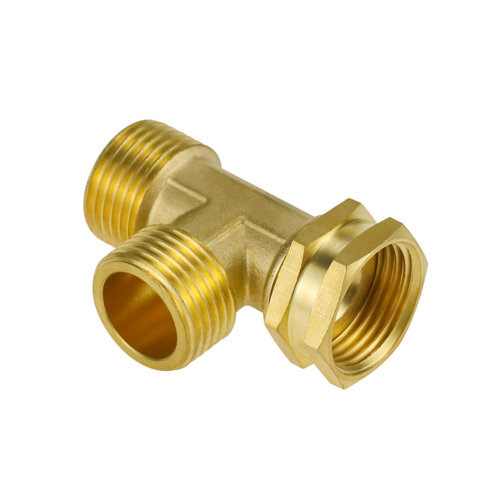 Napredak garden hose tee adapter enables three-way connections for flexible watering setups.