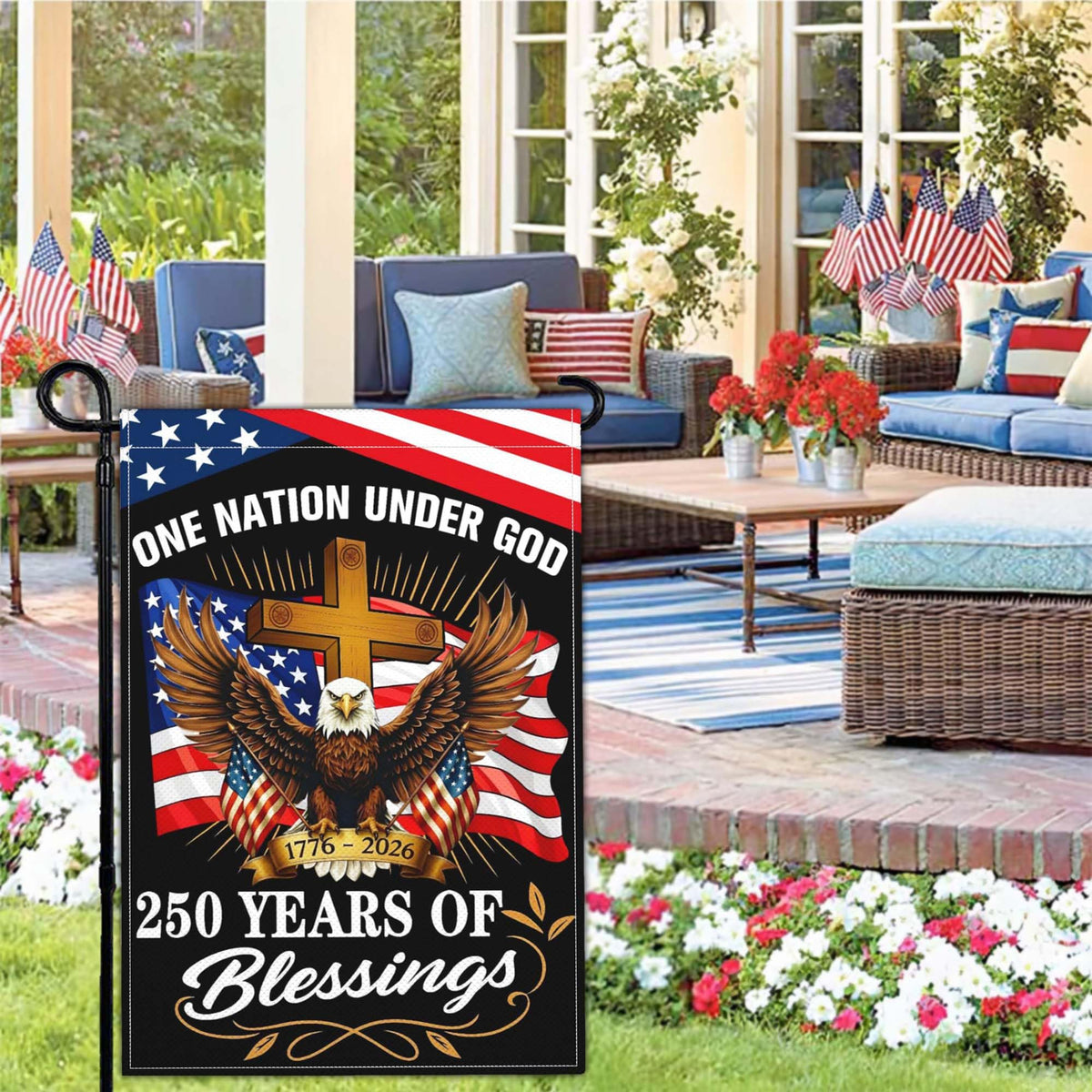 NASIAN patriotic yard flag in garden adds festive curb appeal.