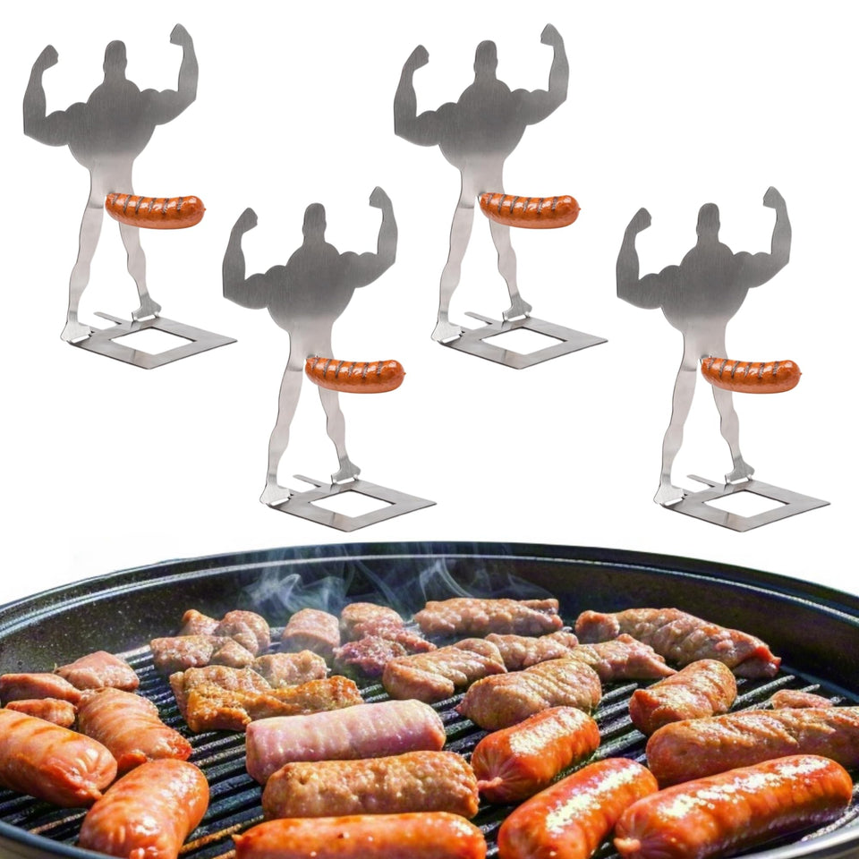 NatalieEnati muscle-man hot dog holders close-up showing durable, mess-free grilling.