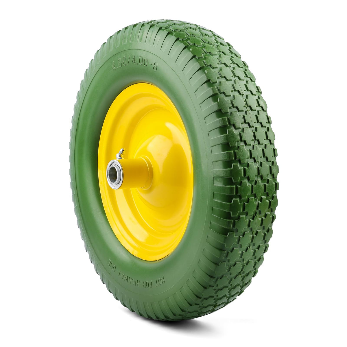 National Standard flat-free tire and wheel assembly ready for universal replacement on wheelbarrows